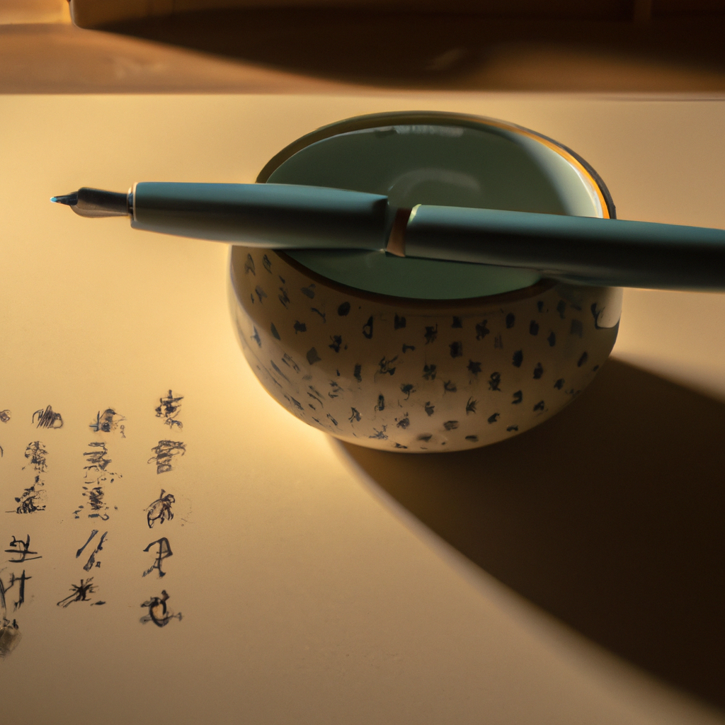 Handcrafted ceramic bowl beside a letter and fountain pen on tatami, soft shadow and natural texture.