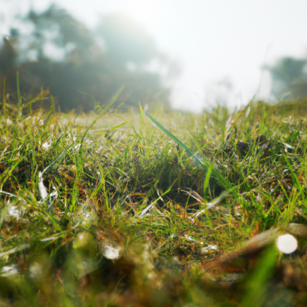 Soft sunrise over a quiet meadow path with dewy grass and a small stone lantern, serene and minimal.