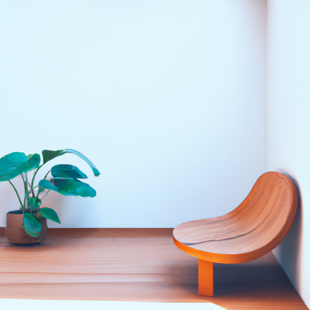 Minimal meditation room with warm light, a wooden bench, and a green plant